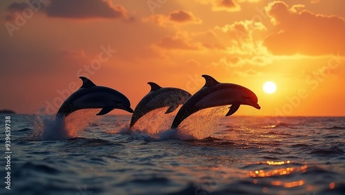 Dolphins leap out of the water in a kitschy sunset