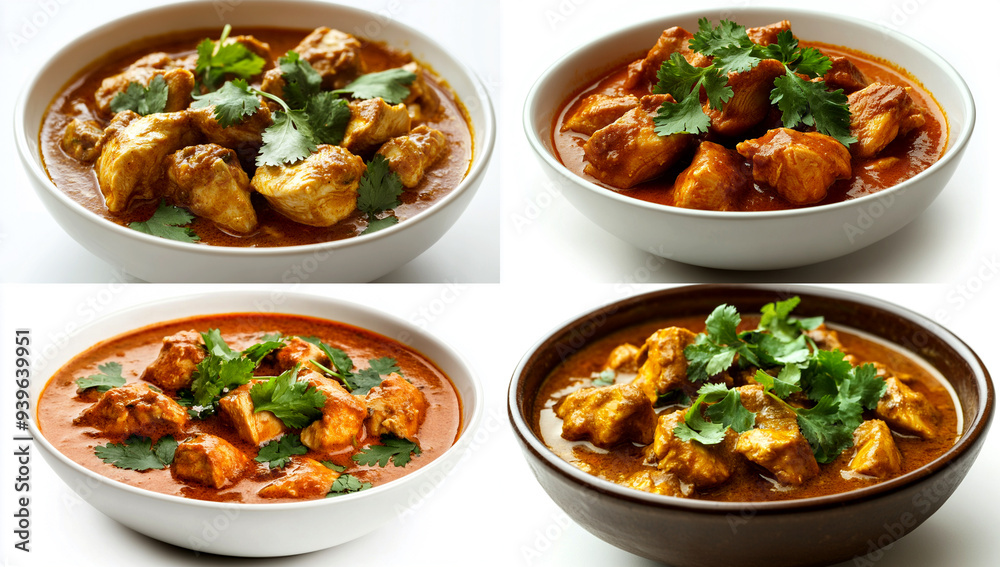 A bowl of chicken with a vibrant red and orange circular sauce, garnished with fresh coriander leaves on a white background