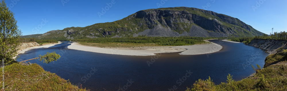 Panoramic view of Altaelva river at Alta in Troms county, Norway, Europe
Panoramic view of Altaelva river at Alta in Troms county, Norway, Europe