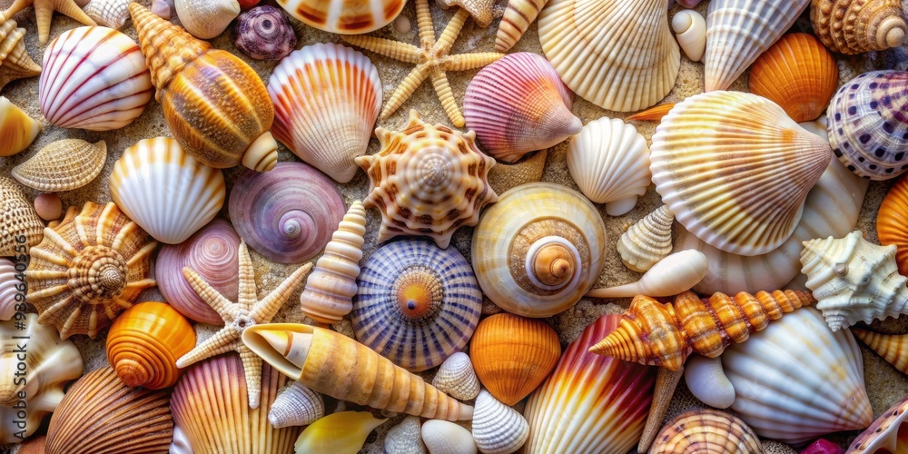Seashells and Starfish on Sand, close-up, vibrant, tropical, beach , seashells , starfish Seashells and Starfish on Sand, close-up, vibrant, tropical, beach , seashells , starfish