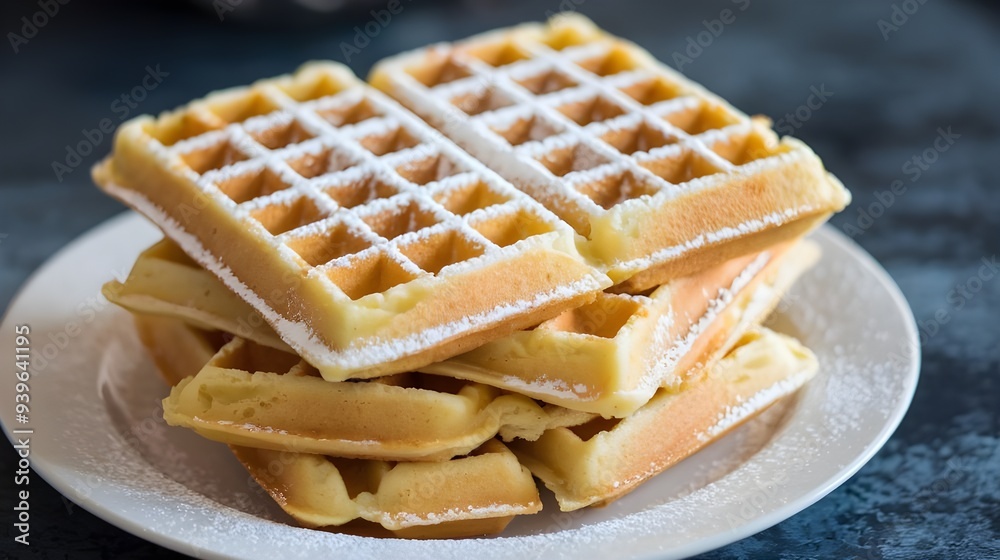 A stack of golden waffles on a white plate, and have deep grids and are dusted with powdered sugar. A stack of golden waffles on a white plate, and have deep grids and are dusted with powdered sugar.