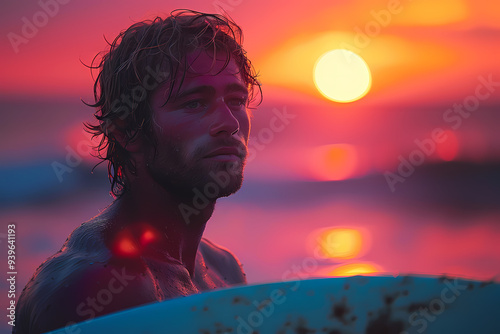 Bearded surfer with wet hair on beach at sunset