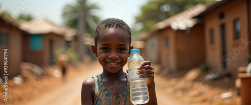 Smiling African boy holding a water bottle in a rural village