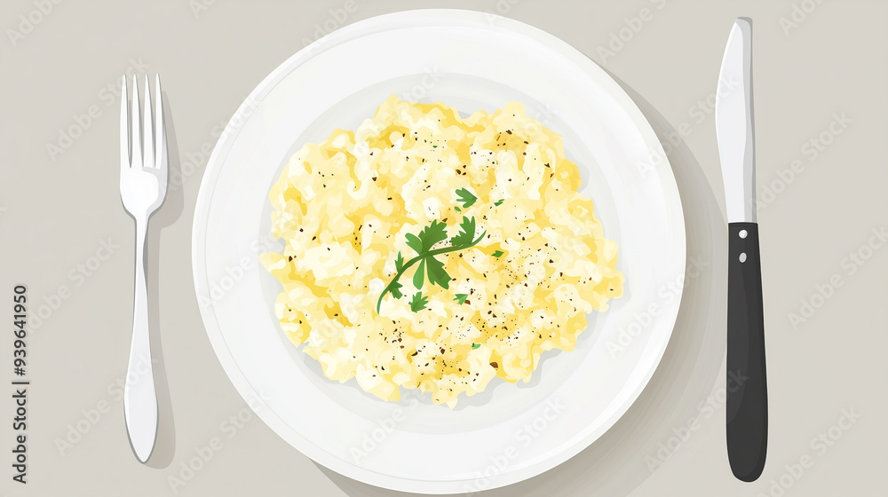 Plate of scrambled eggs with visible seasoning, placed beside a fork and knife Plate of scrambled eggs with visible seasoning, placed beside a fork and knife