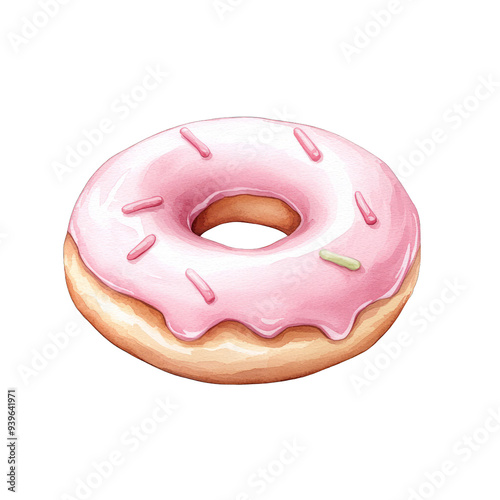 A delicious pink frosted donut with sprinkles, perfect for dessert lovers and sweet treats enthusiasts. transparent background watercolor style photo