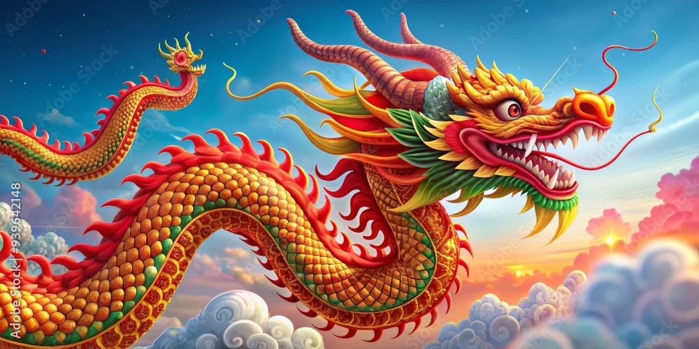 Obraz premium The Majestic Dragon's Ascent Through Sunset Clouds, Digital Art, Chinese Dragon, Fantasy, Mythical Creature, Dragon, Chinese Mythology