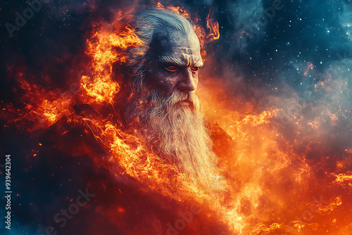 An abstract digital depiction of Svarog, the Slavic god of fire, blacksmithing, and the sky