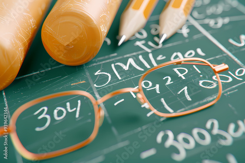 Pencils and glasses on a green board with numbers.  Back to school  photo