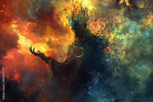 An abstract digital depiction of Svarog, the Slavic god of fire, blacksmithing, and the sky photo