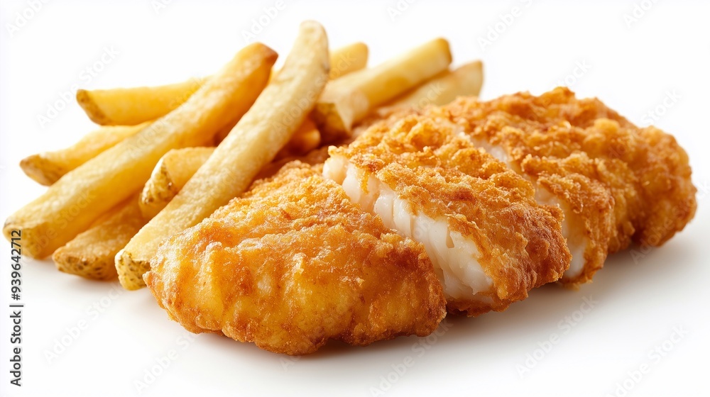Crispy battered fish fillets with a side of fries isolated on white background . Crispy battered fish fillets with a side of fries isolated on white background .