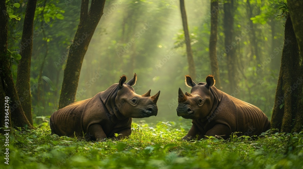 Two Javan Rhinos find solace under tall trees, A glimpse into the life of endangered species, Perfect for environmental documentaries, Emphasizing the need for habitat conservation