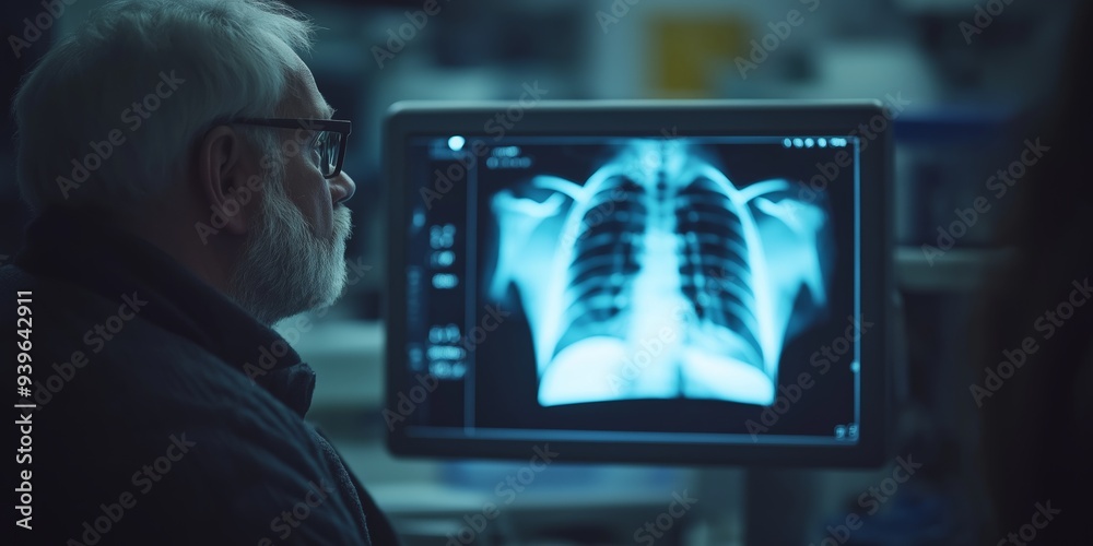 A doctor examines an X-ray image of a chest in a modern medical office, with a focus on the screen displaying the X-ray A doctor examines an X-ray image of a chest in a modern medical office, with a focus on the screen displaying the X-ray