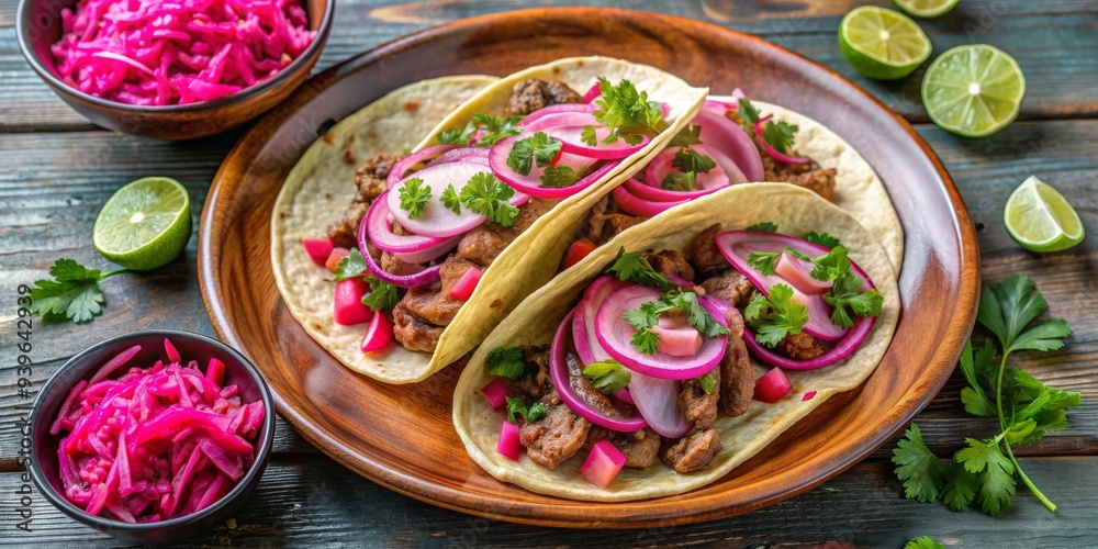 Two Delicious Tacos with Red Onion, Cilantro, and Lime, wooden plate, food photography, tacos, mexican food Two Delicious Tacos with Red Onion, Cilantro, and Lime, wooden plate, food photography, tacos, mexican food
