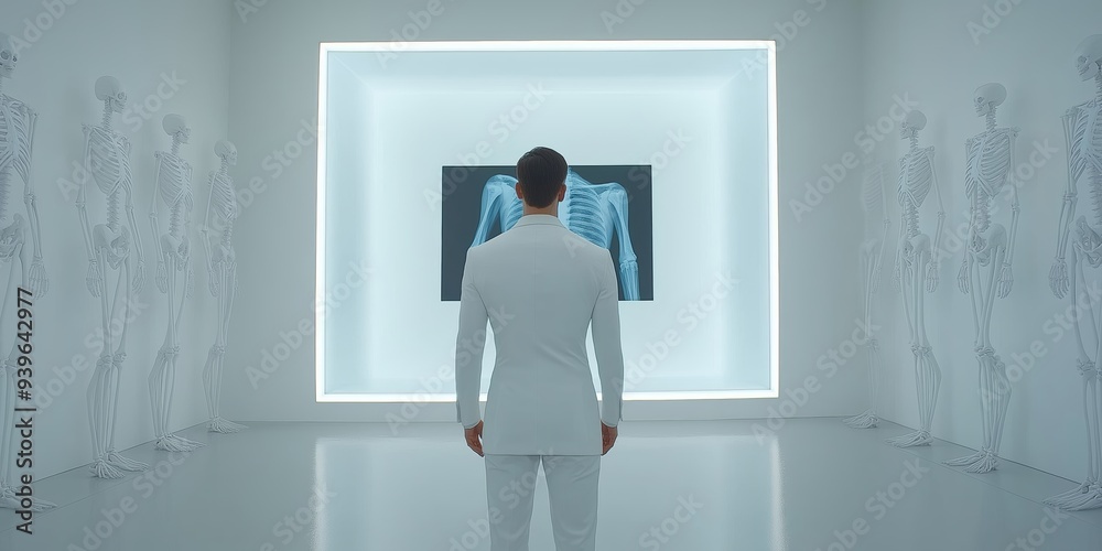 Fototapeta premium A doctor in a white coat examines an X-ray image in a modern medical office surrounded by skeletal models