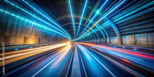 Tunnel Vision A Long Exposure of Blue Neon Lights and Streaking Cars, urban, transportation, night, tunnel