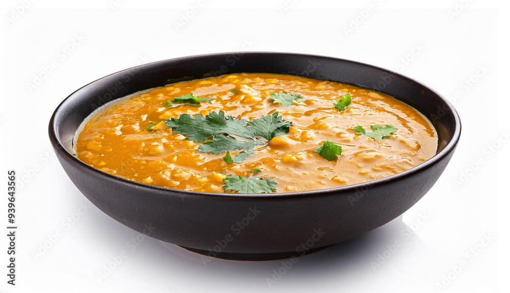 Indian popular food Dal fry or traditional Dal Tadka Curry served in a bowl, isolated on white background