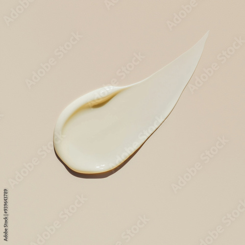 Light beige lotion swatch on a neutral background. Silky smooth face serum or hair conditioner smudge. 