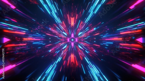 A futuristic abstract starburst with neon colors and sharp lines, perfect for a high-tech, modern aesthetic.