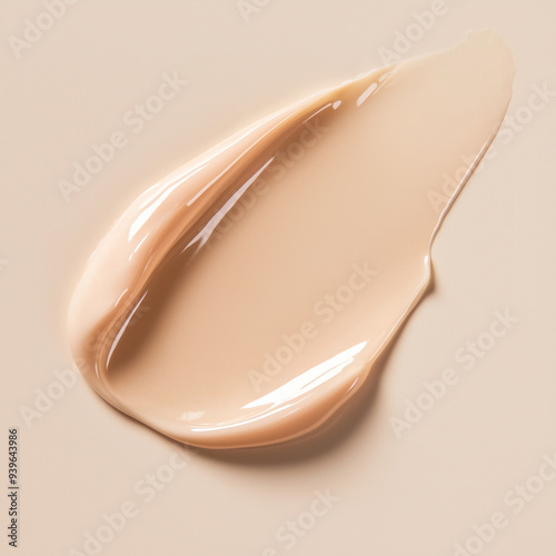 Beige cream smear on a light peach background. Radiant liquid serum or hair conditioner texture. photo