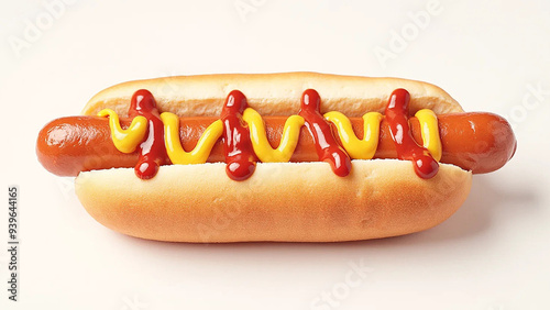 Studio photo of a hot dog with ketchup and mustard, widescreen 16:9, 300 dpi, with free space for text