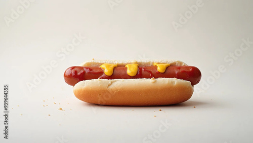 Studio photo of a hot dog with ketchup and mustard, widescreen 16:9, 300 dpi, with free space for text photo