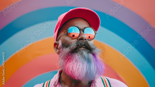 Colorful bearded man with glasses gazing upward