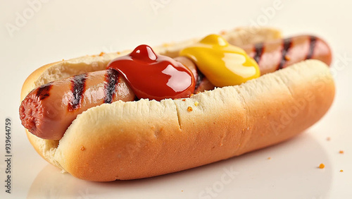 Studio photo of a hot dog with ketchup and mustard, widescreen 16:9, 300 dpi, with free space for text photo