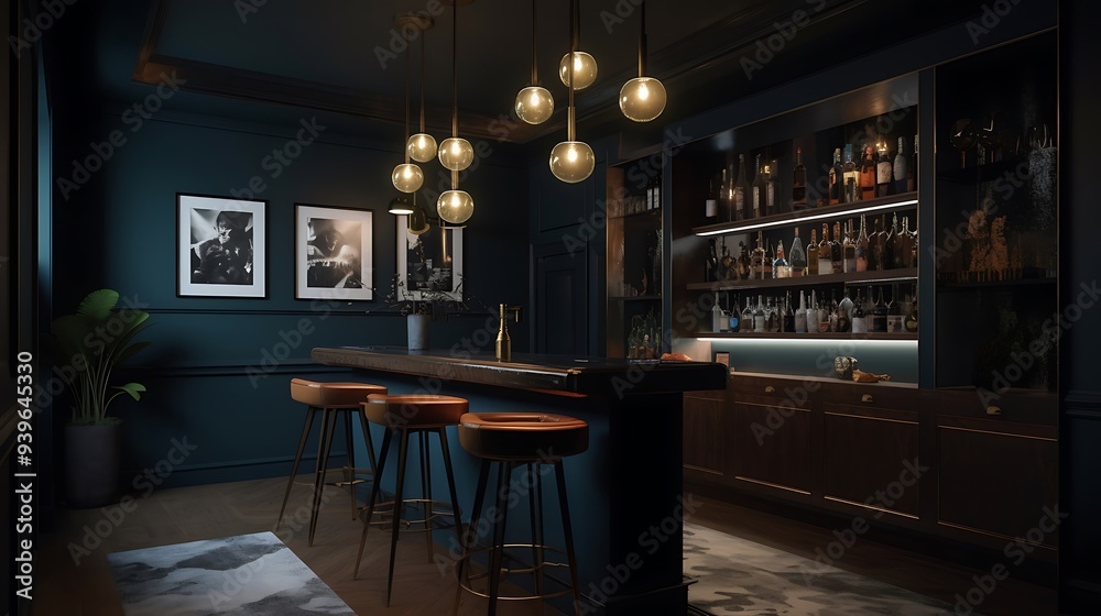 A stylish and functional home bar area with built-in shelves and seating
A stylish and functional home bar area with built-in shelves and seating