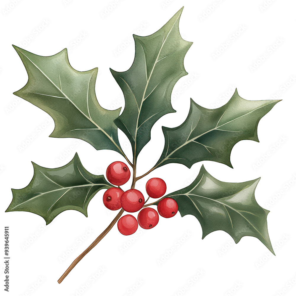 Christmas theme. A vibrant holly plant with glossy green leaves and bright red berries, perfect for holiday decorations and seasonal designs. transparent background watercolor style Christmas theme. A vibrant holly plant with glossy green leaves and bright red berries, perfect for holiday decorations and seasonal designs. transparent background watercolor style