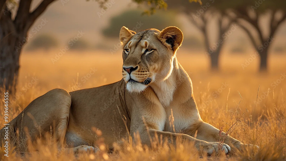 Fototapeta premium Portrait of a great lion, widescreen 16:9, 300 dpi, with free space for text