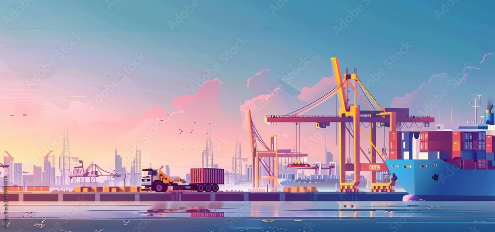 Fototapeta premium Cargo Ship at Harbor Sunset