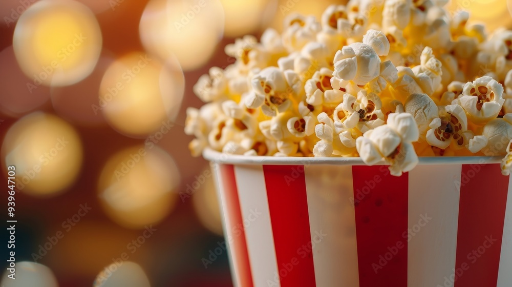 Close Up of a Red and White Striped Popcorn Bucket with Golden Bokeh Lights in the Background, popcorn, movie, snack , theater Close Up of a Red and White Striped Popcorn Bucket with Golden Bokeh Lights in the Background, popcorn, movie, snack , theater