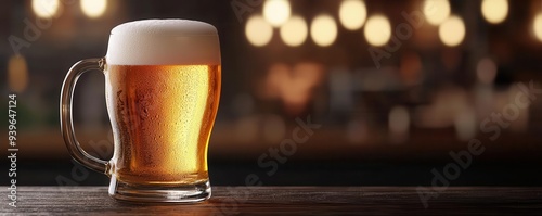 A half-full beer mug on a bar counter, with lights reflecting off the golden liquid, photorealistic, hyper-resolution, warm and welcoming pub atmosphere photo