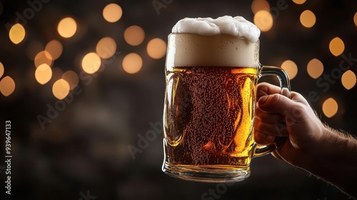 A stein of beer held high at a traditional Oktoberfest celebration, overflowing with foam, photorealistic, hyper-resolution, festive and spirited ambiance