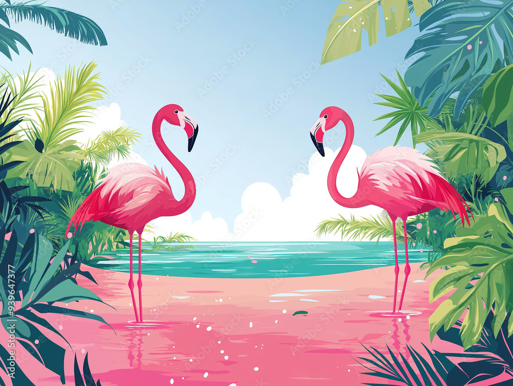 Fototapeta premium Bright and Colorful Illustration Featuring Flamingos Wading Through a Pink Lagoon with Tropical Foliage and a Clear Blue Sky - Ideal for Children's Book Illustrations and Nature-Inspired Art