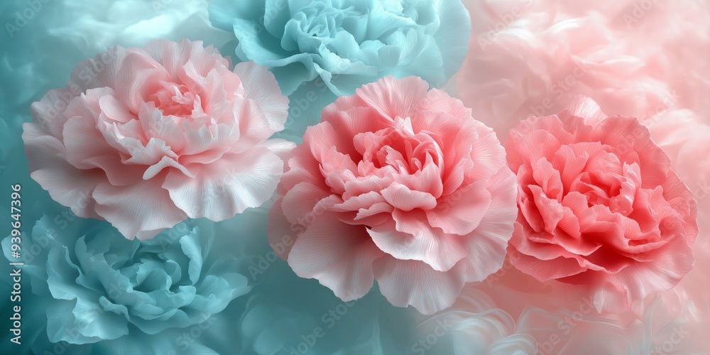 An abstract background featuring gentle light tones with pink and blue carnations, creating a soft, serene atmosphere An abstract background featuring gentle light tones with pink and blue carnations, creating a soft, serene atmosphere