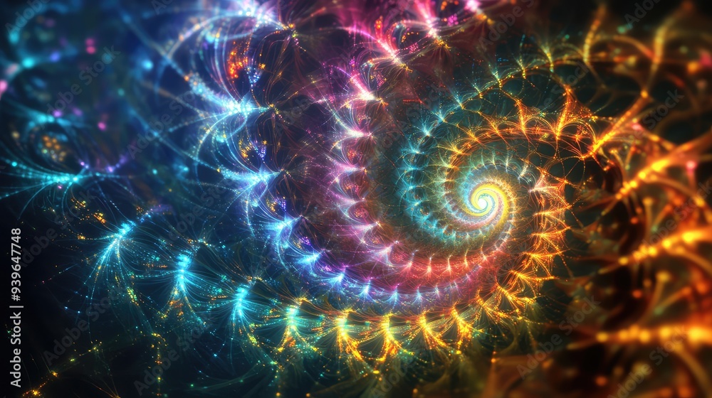 A complex spiral fractal web with luminous, interwoven strands in vibrant colors, radiating from the center. A complex spiral fractal web with luminous, interwoven strands in vibrant colors, radiating from the center.