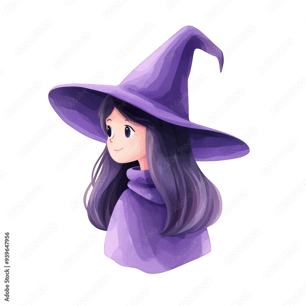 A whimsical character design featuring a young witch with a purple hat and flowing hair, perfect for storytelling and fantasy themes. transparent background watercolor style A whimsical character design featuring a young witch with a purple hat and flowing hair, perfect for storytelling and fantasy themes. transparent background watercolor style