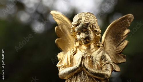 Golden angel statue with hands in prayer amid nature background