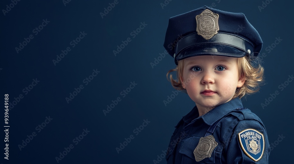 Child Dressed as Police Officer with Badge on Dark Blue Child Dressed as Police Officer with Badge on Dark Blue