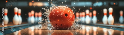 A vibrant orange bowling ball strikes on the lane, creating a splash as it heads towards the pins in a lively bowling alley. photo