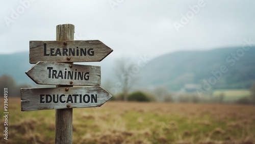 wooden signpost of learning, training and education