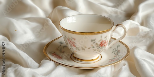 A porcelain teacup with floral design and gold trim sits on a matching saucer against a soft, light-colored fabric background