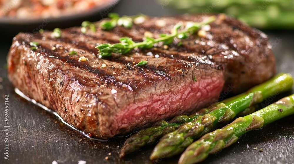 Close-Up of a Perfectly Grilled Steak with Asparagus, Grilled Steak , Juicy , Steak Close-Up of a Perfectly Grilled Steak with Asparagus, Grilled Steak , Juicy , Steak