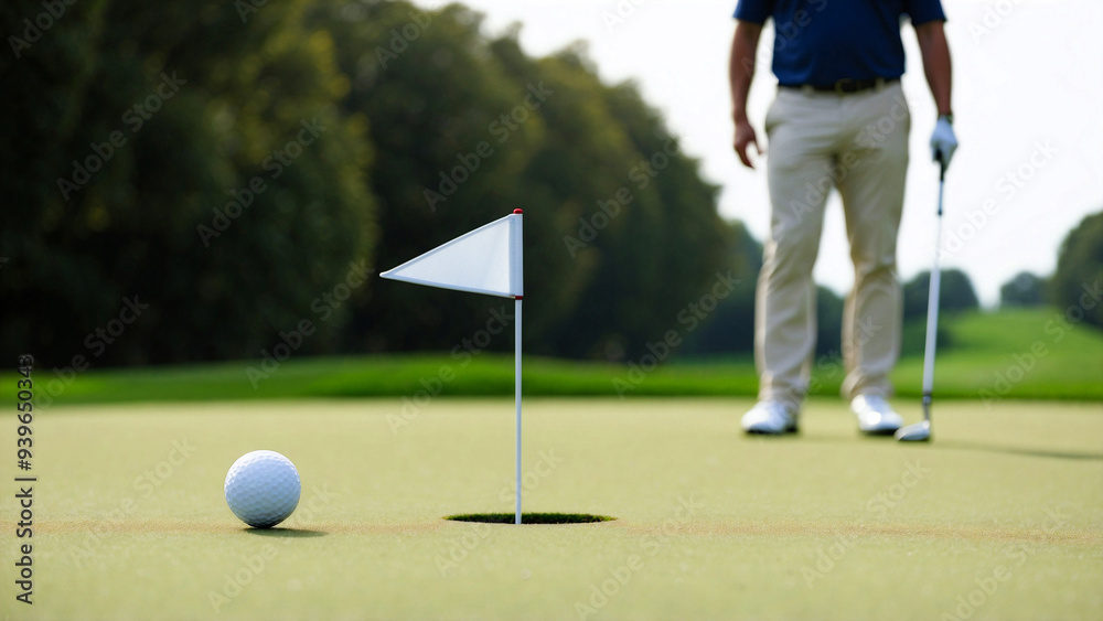 Obraz premium Golfer Concentrates on Final Putt with the Flagstick in Sight, Ready to Score on the Green