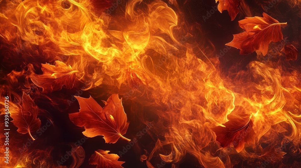 A vibrant depiction of fiery leaves swirling in flames, evoking warmth and autumn. A vibrant depiction of fiery leaves swirling in flames, evoking warmth and autumn.