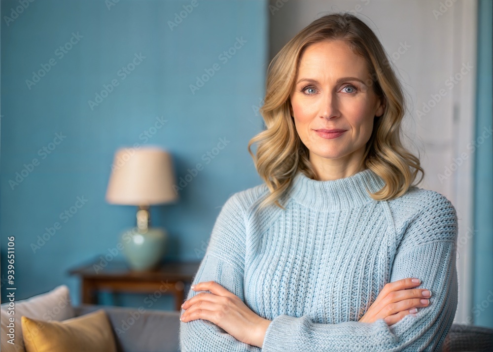 Fototapeta premium Beautiful Blonde Woman in Cozy Blue Sweater in Living Room with Blue Walls and Table Lamp on Coffee Table, Left Side Copy Space