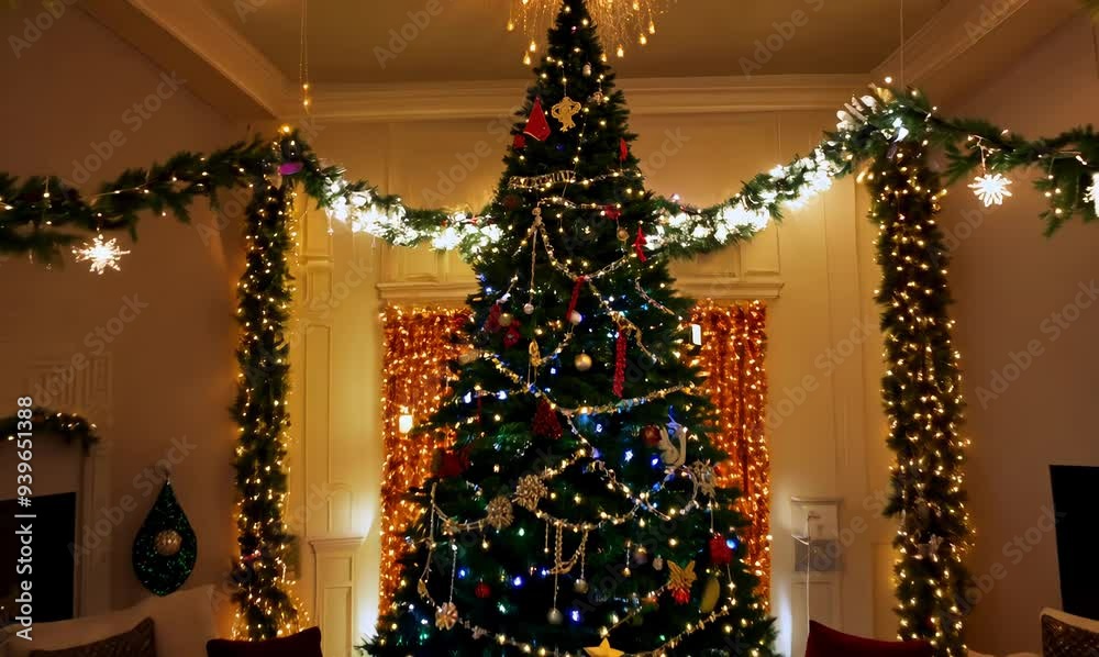 a charming Christmas tree in a warm, festive room with music