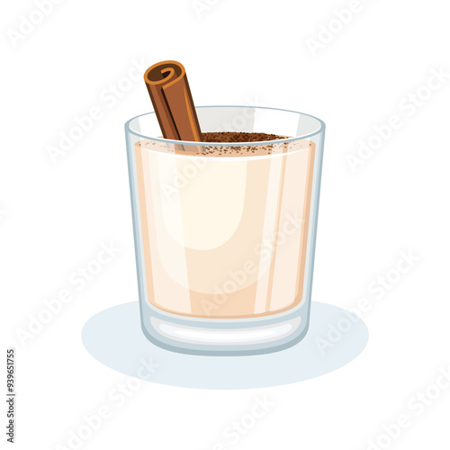 Coquito eggnog coconut christmas drink vector illustration. Coquito in a glass and cinnamon stick icon vector isolated on a white background. Puerto Rican eggnog with cinnamon drawing