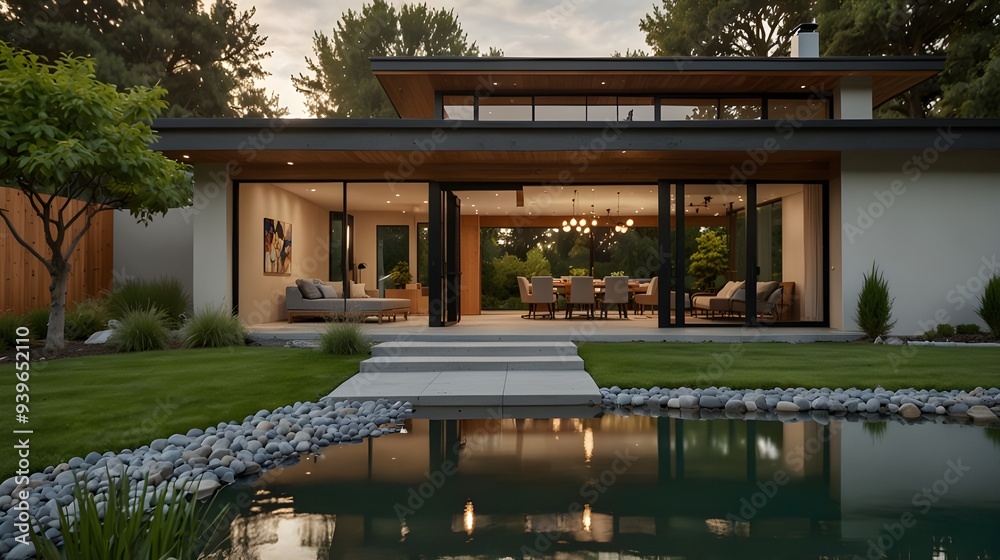 /visualize A spacious single-story modern ranch-style suburban home featuring big panoramic windows, a calm lawn featuring a koi pond and a bridge /visualize A spacious single-story modern ranch-style suburban home featuring big panoramic windows, a calm lawn featuring a koi pond and a bridge